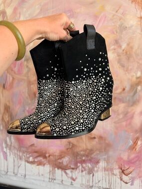 Giuseppe Zanotti Black Suede Crystal-Studded Ankle Boots with Gold Toe